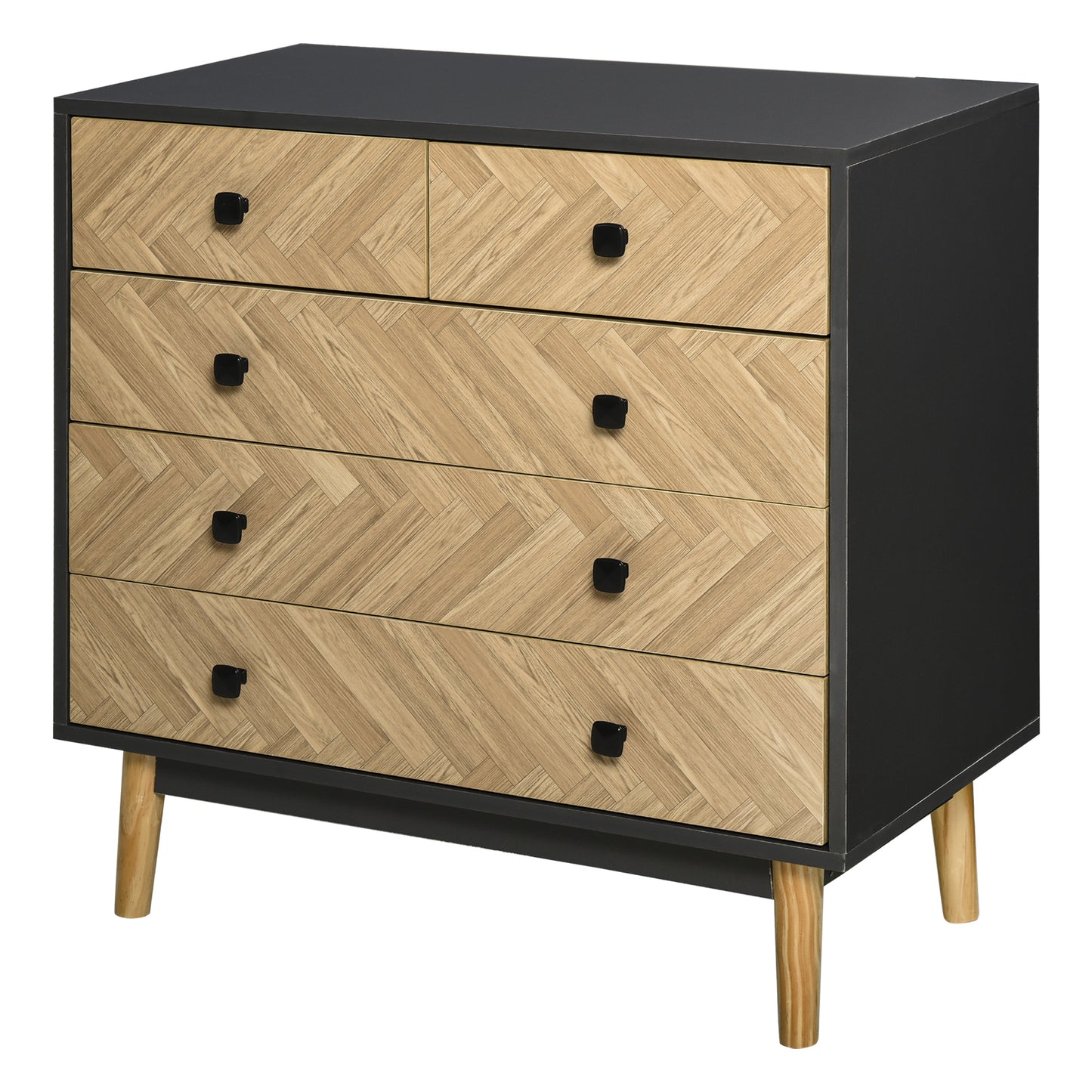 Lini Wooden Black and Natural Chevron 5 Drawer Dresser