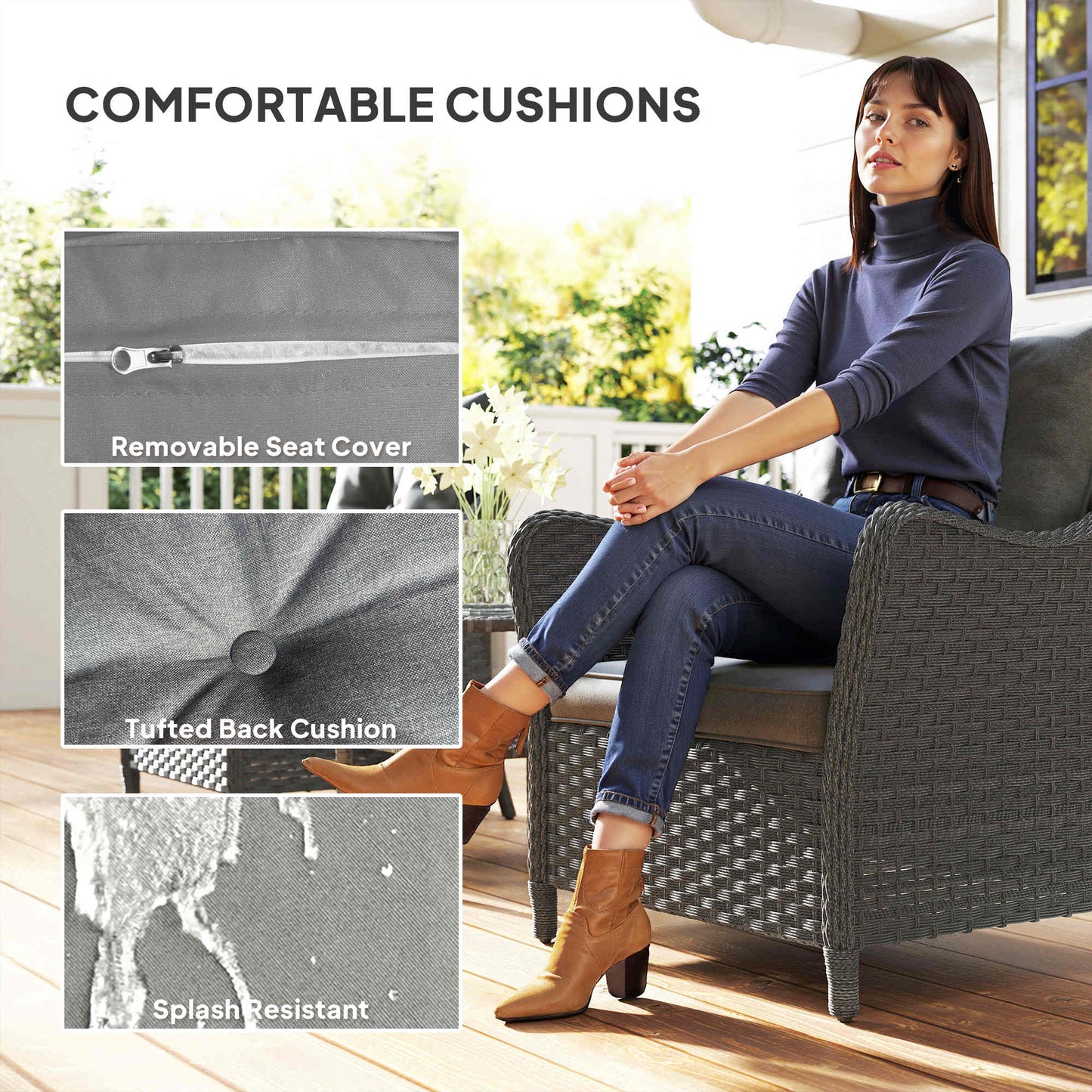 Neluli Rattan Dark Grey Set Of 2 Outdoor Armchairs With Cushions Armrests And High Back