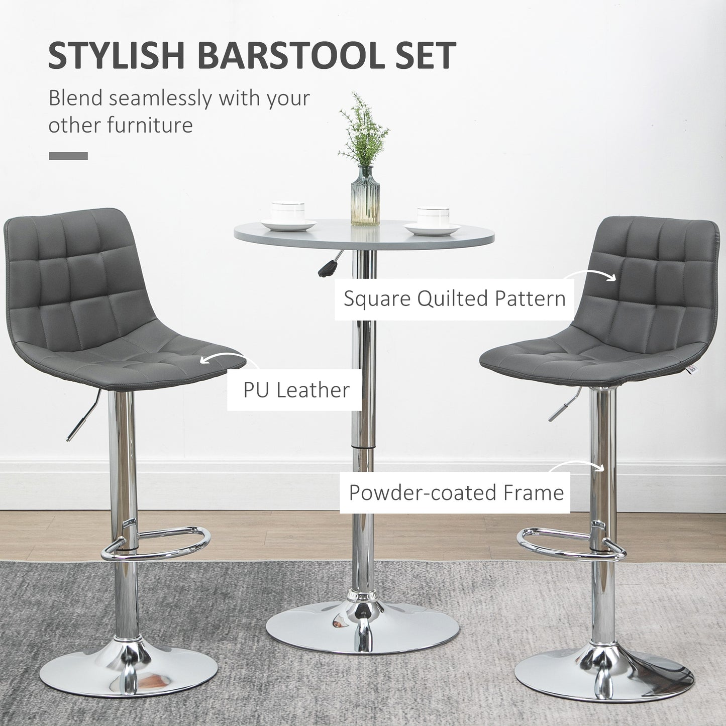 Vivivi Set Of 2 Grey Tufted Faux Leather Swivel Bar Stools With Back Support