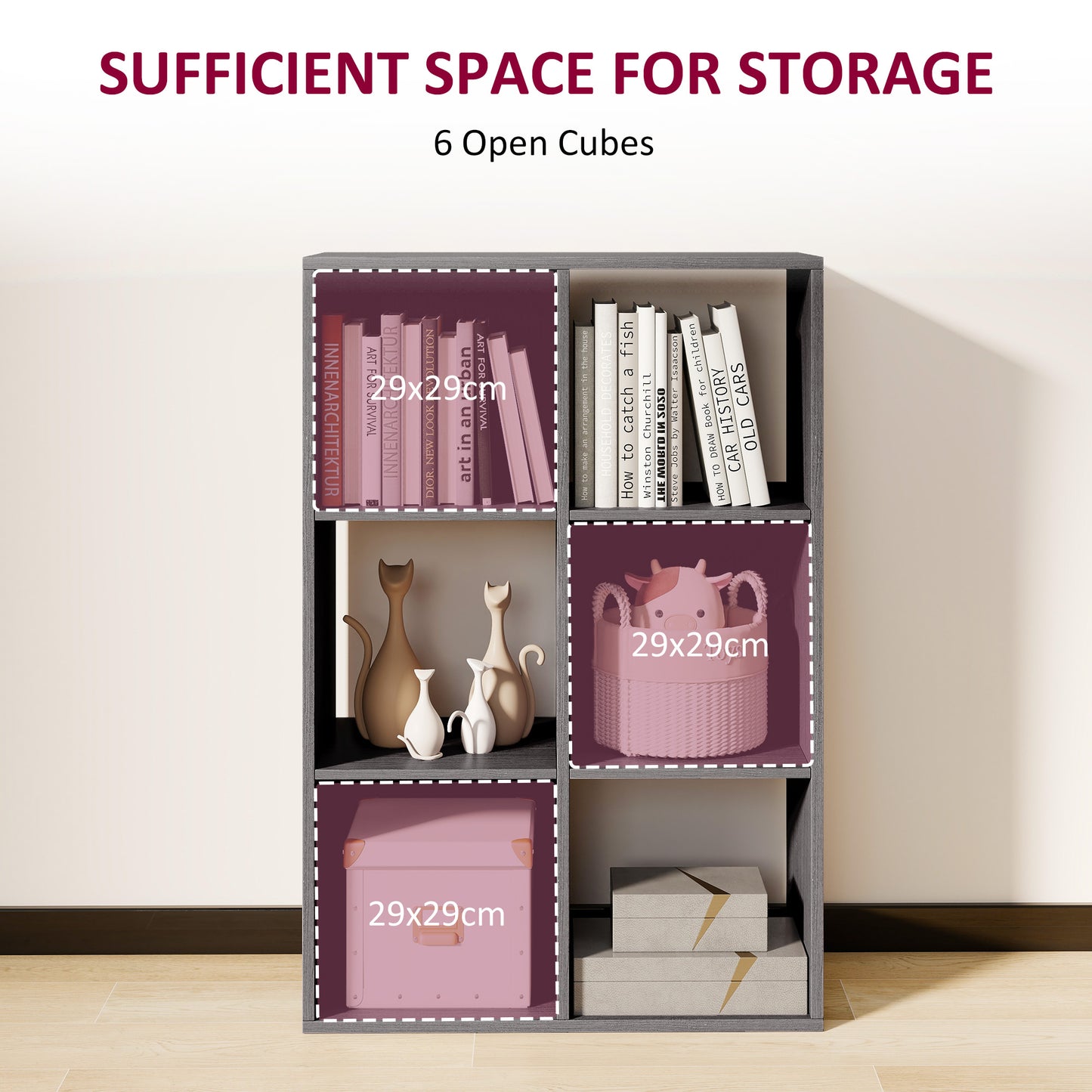 Fahe Wooden Grey 6 Cube Storage Bookcase
