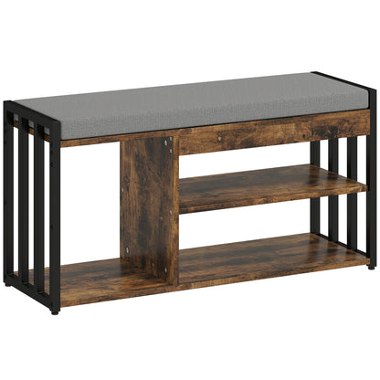 Soli Wooden Rustic Brown Upholstered Shoe Bench With 3 Shelf and Grey Padded Seat