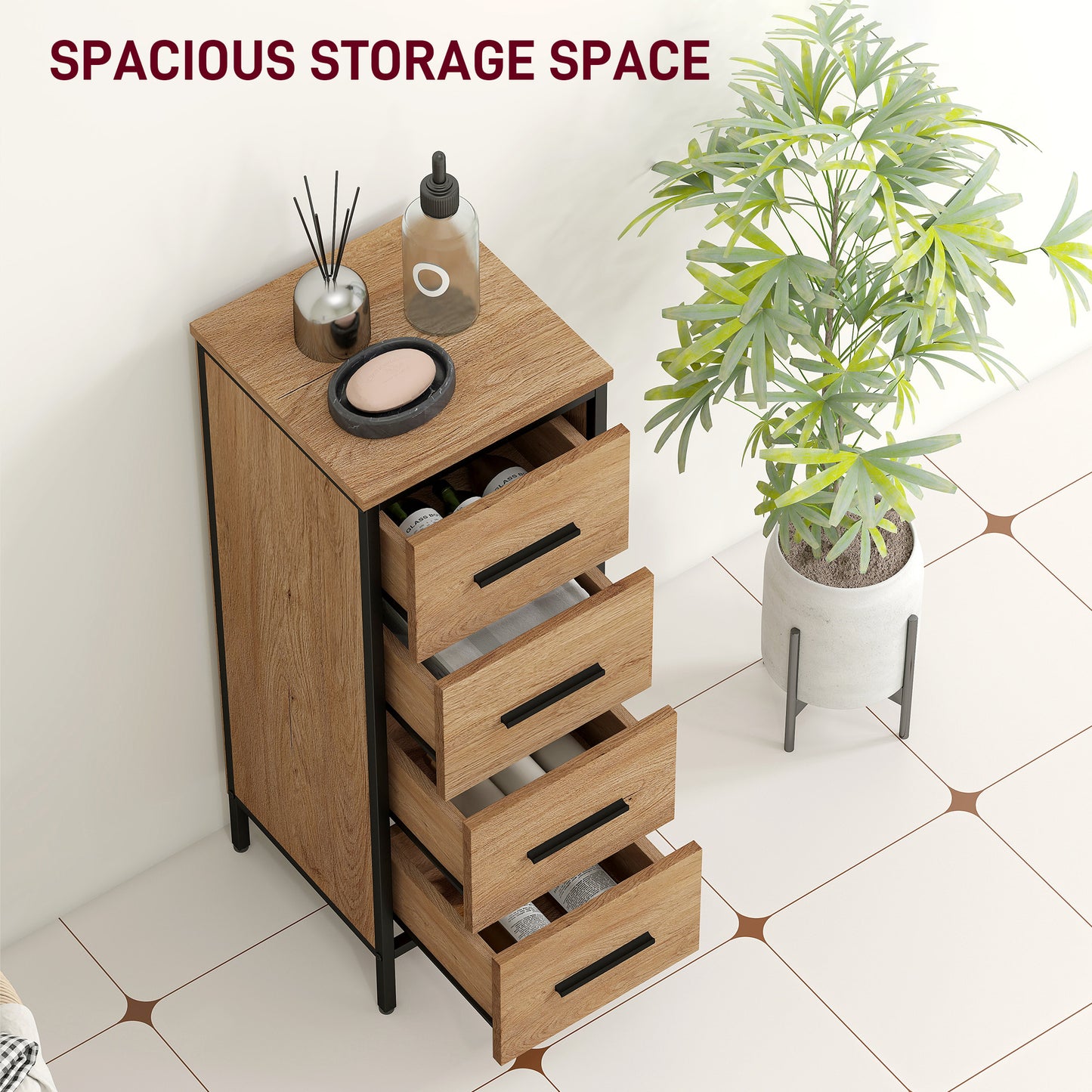 Nita Narrow Bathroom Storage Cabinet With 4 Drawers Oak Finish