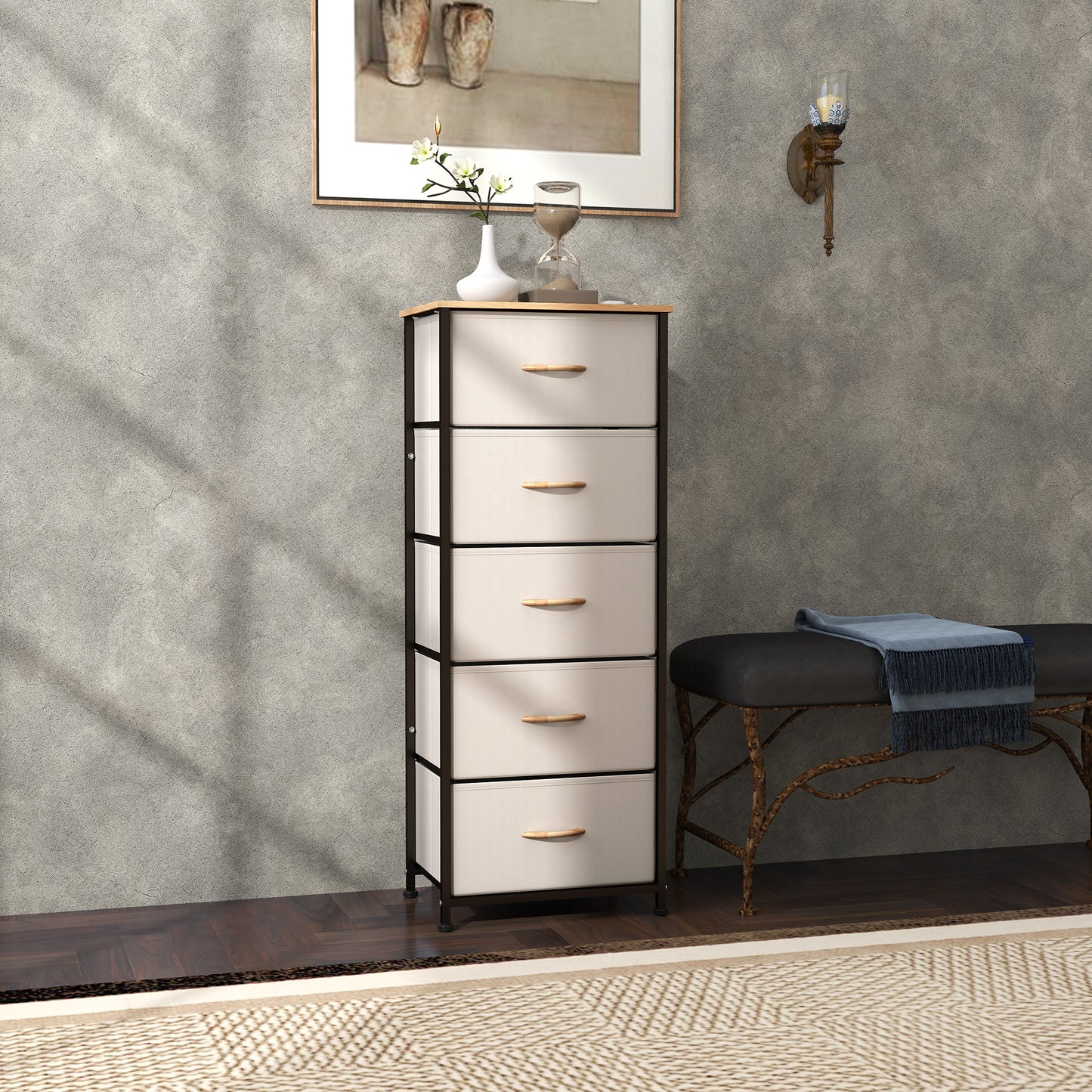 Yona Metal And Fabric Cream White 5 Drawer Industrial Storage Dresser With Steel Frame