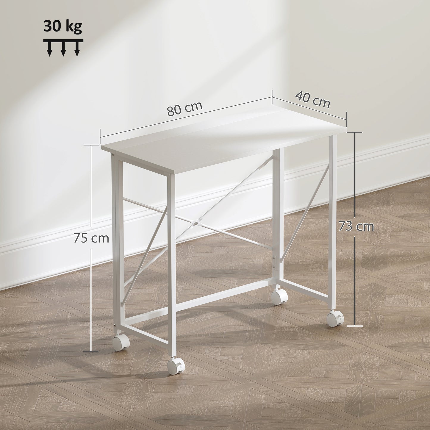 Romira 80cm Metal White Folding Desk Lockable Wheels