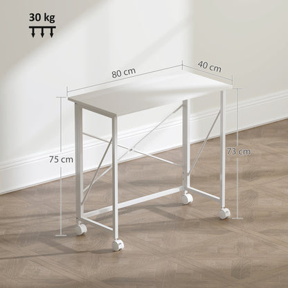 Romira 80cm Metal White Folding Desk Lockable Wheels