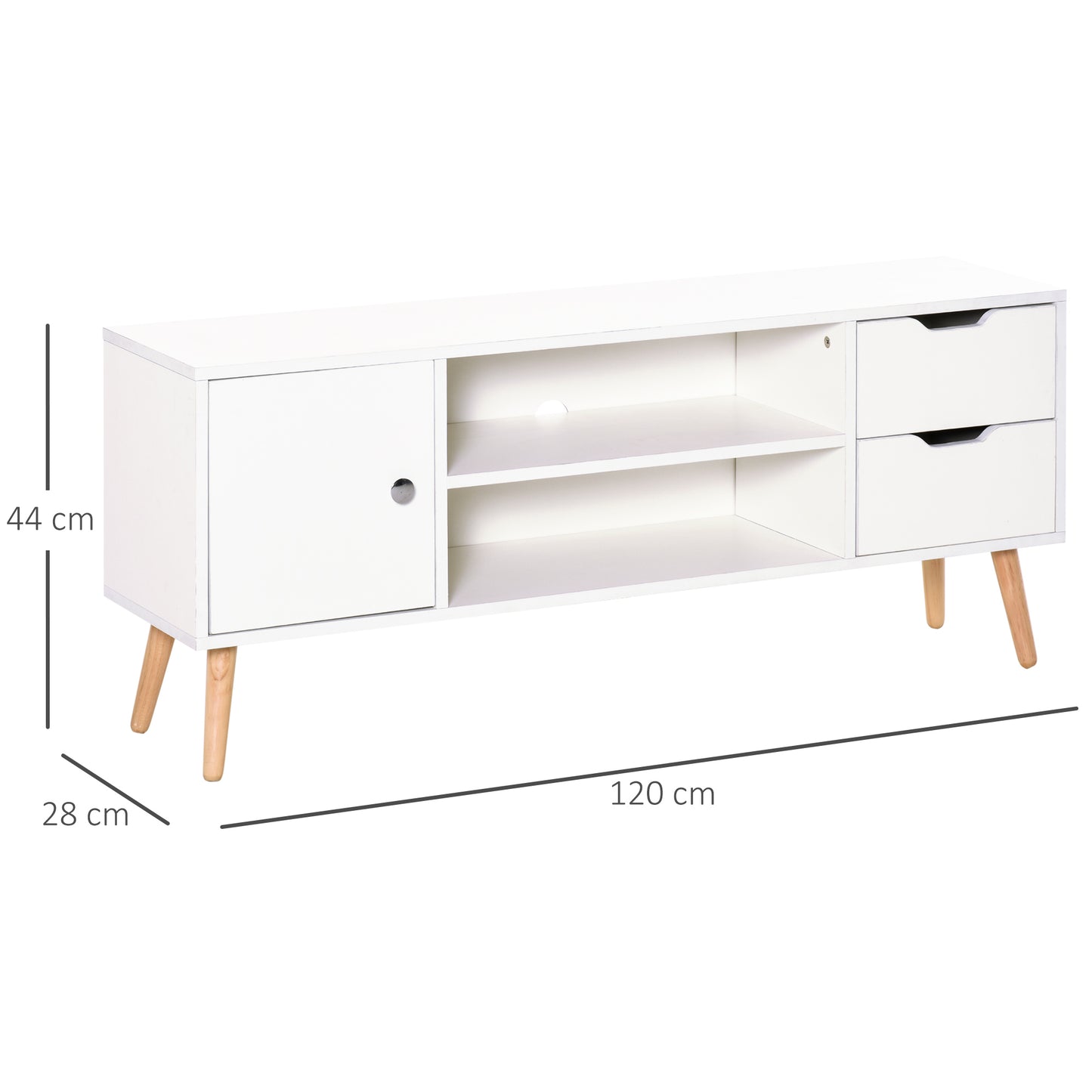 Rani Mano 120cm Wooden White TV Console With Open Shelves 2 Drawers 1 Door