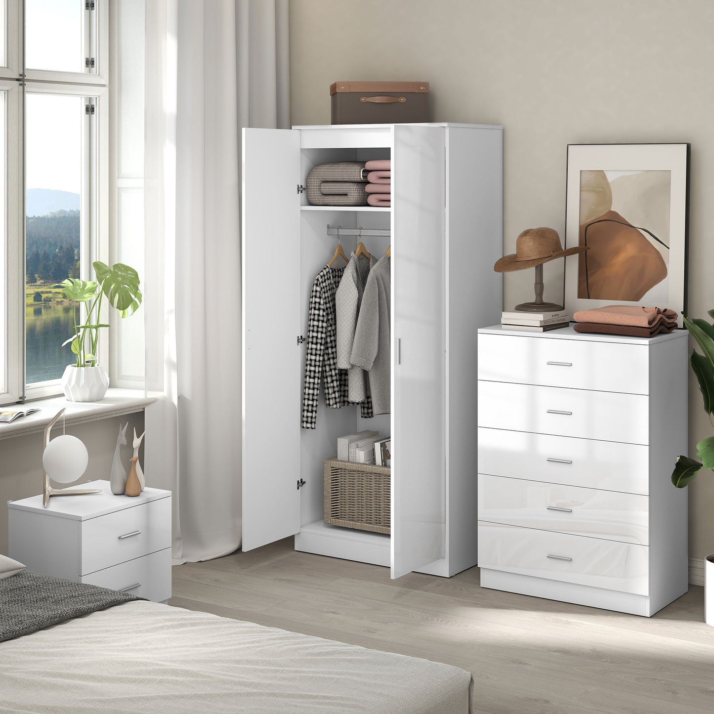 Belatera High Gloss White 3 Piece Bedroom Furniture Set Wardrobe Chest of Drawers And Bedside Table