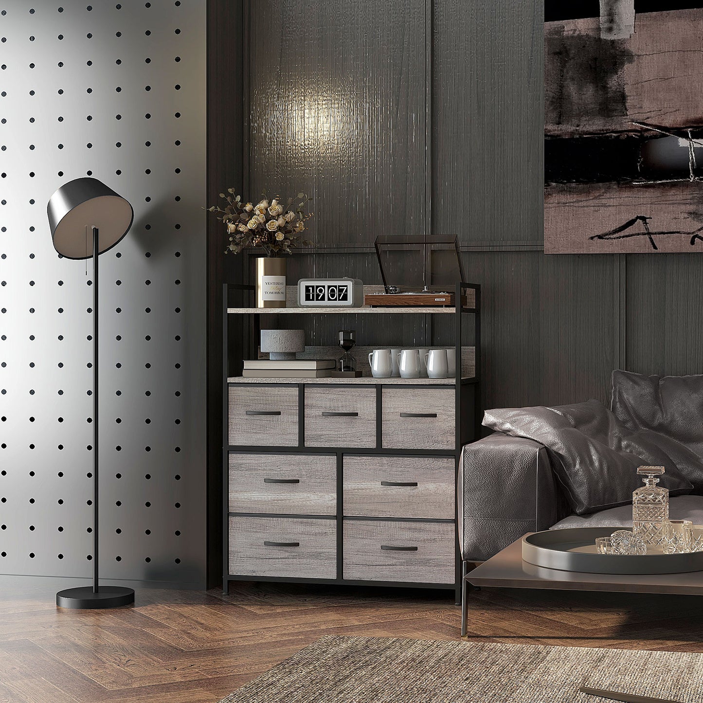 Norale Fabric And Wood Grey Wood Effect 7 Drawer Rustic Storage Chest