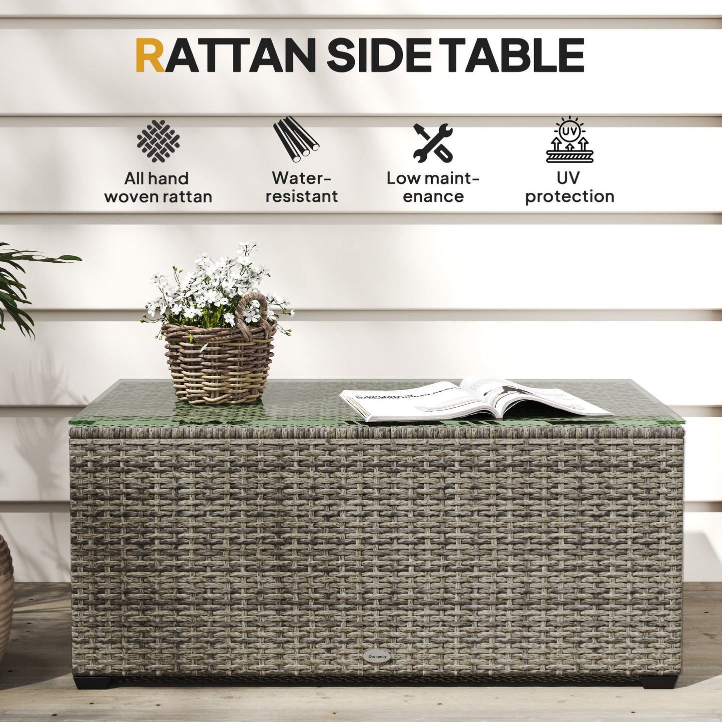 Livatoli Dark Grey Rattan Rectangular Glass Top Side Table