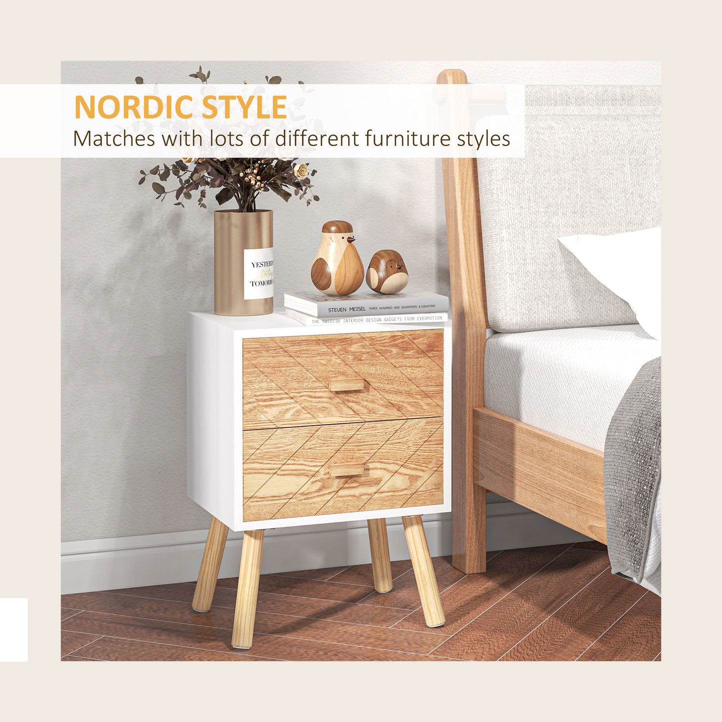 Hafane Set Of 2 White And Natural  Bedside Tables 2 Chevron Drawers
