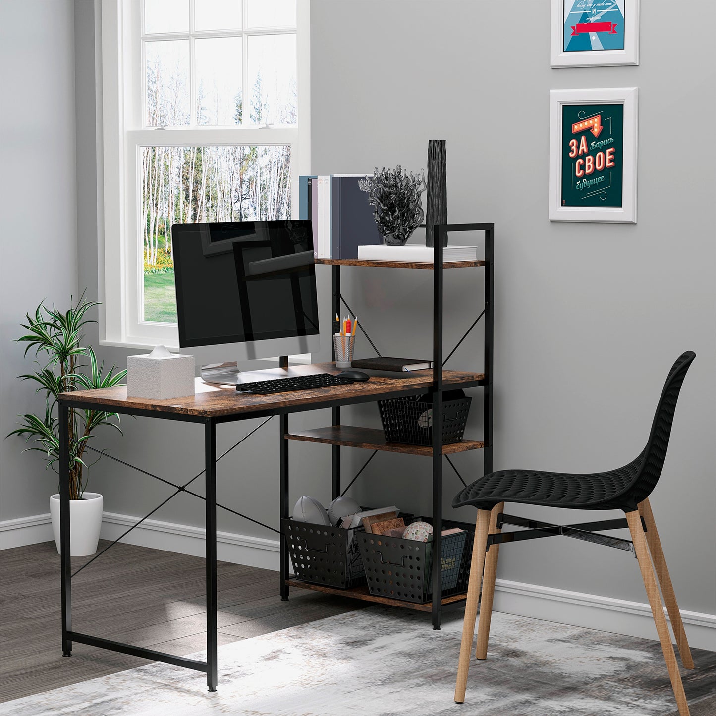 Ledo 120cm Rustic Brown And Black Reversible Industrial Home Office Desk With Side Shelving