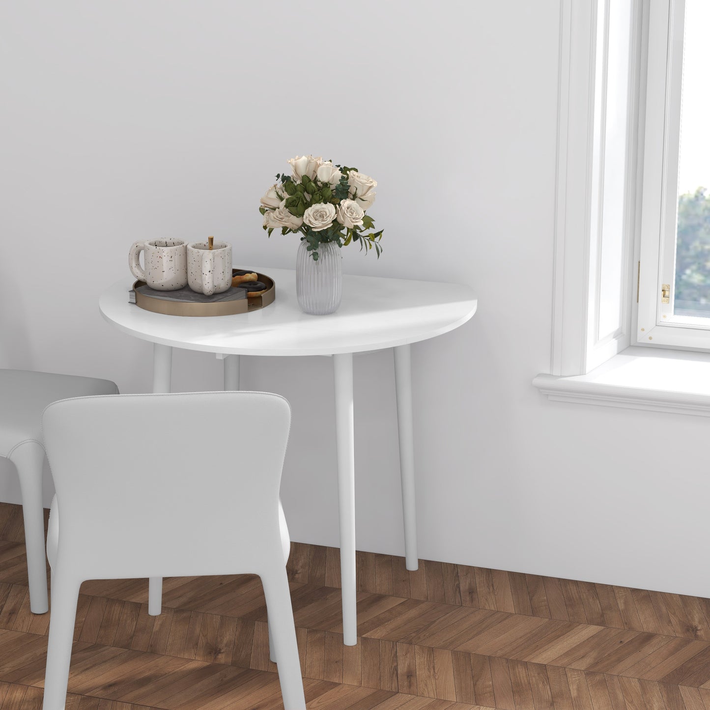Zinise Solid Wood White Round Folding Dining Table Seating 4 With TaFauxred Legs