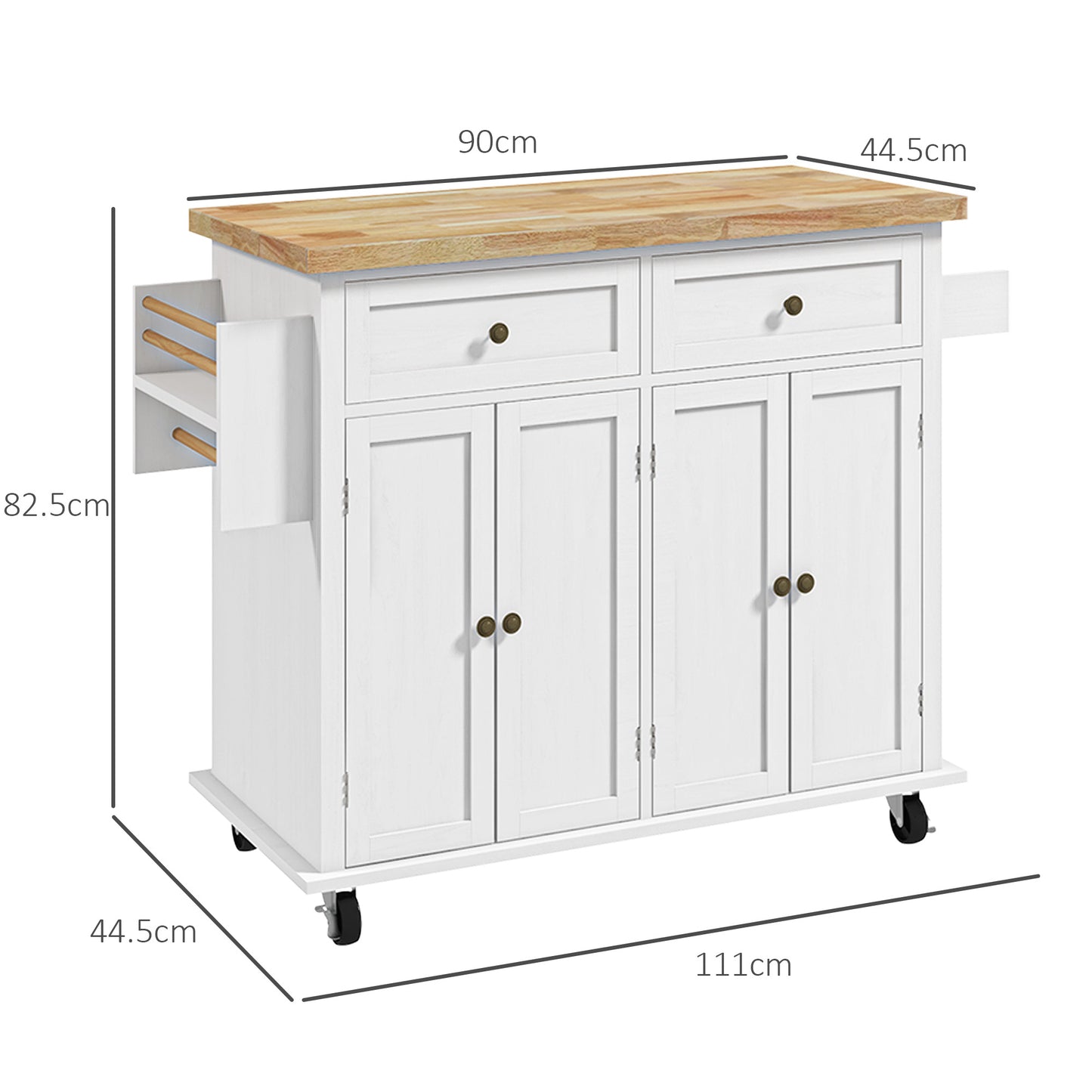 Viratto Natural and White Wooden Rolling Kitchen Island With Drawers And Storage
