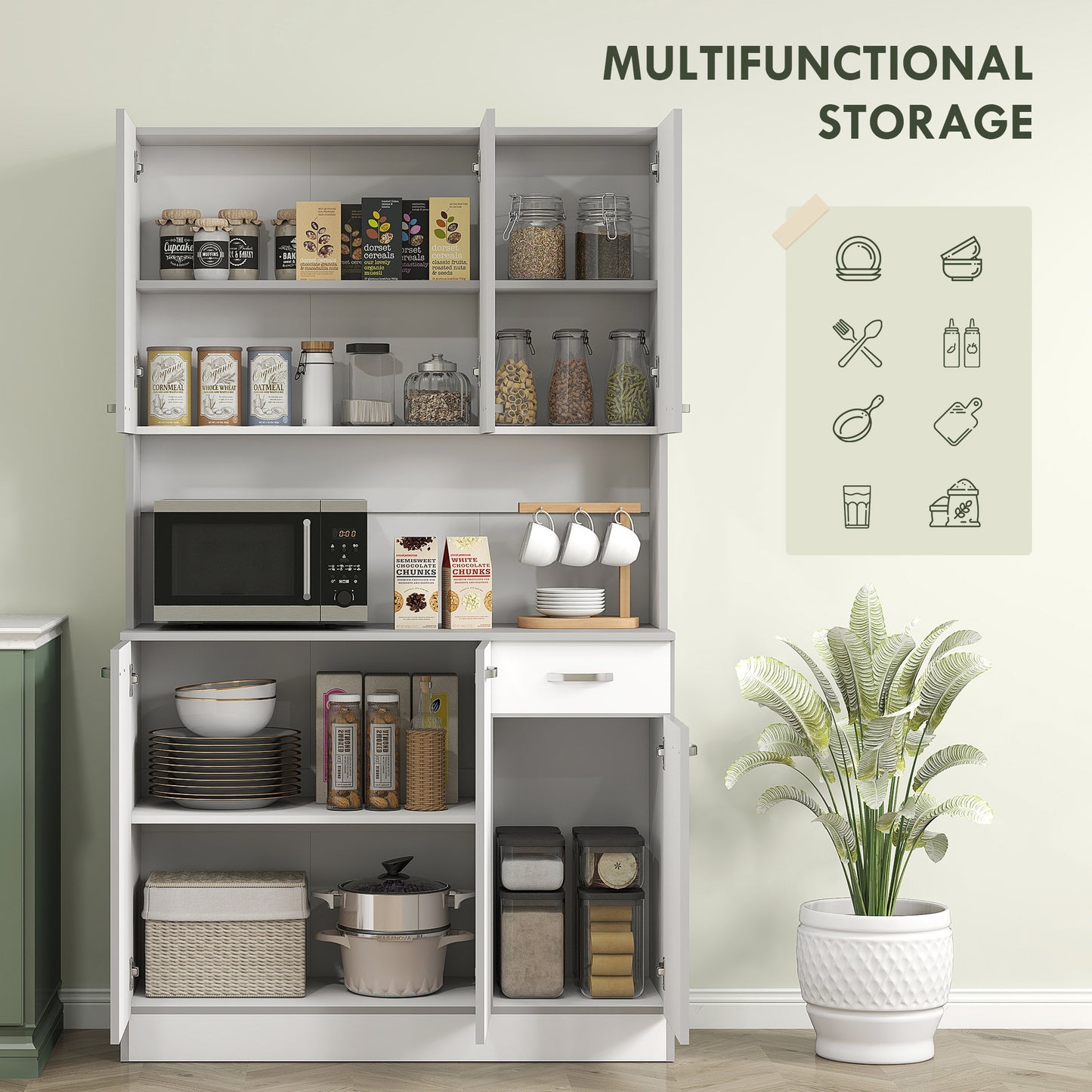 Tovesu Wooden White Large Kitchen Cupboard With 6 Doors 1 Drawer 5 Shelves And Countertop