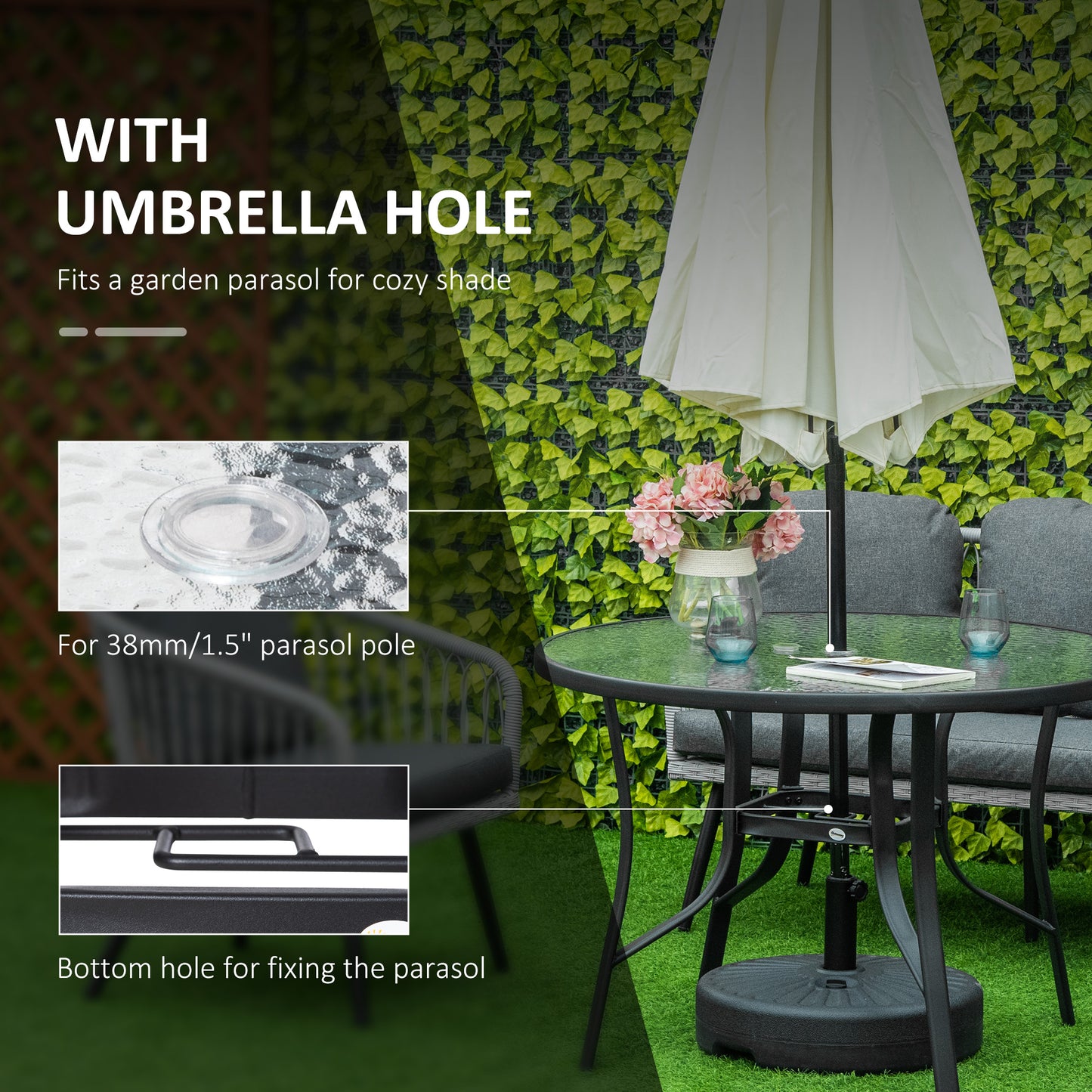Momi Steel And Glass Round Garden Dining Table With Parasol Hole