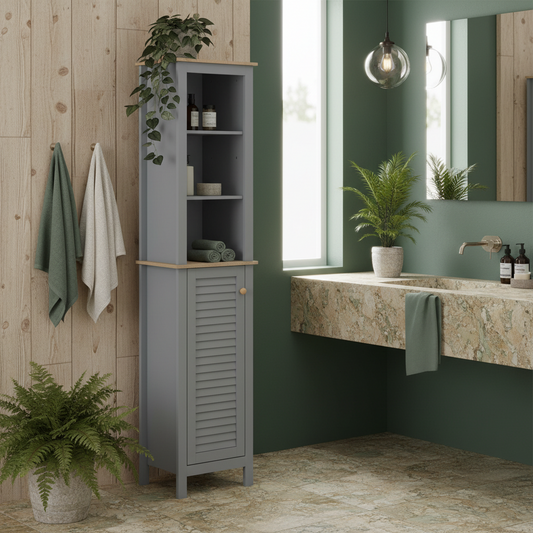 Pahafi Tall Bathroom Linen Storage Cabinet With Shelves And Cupboard Door In Grey