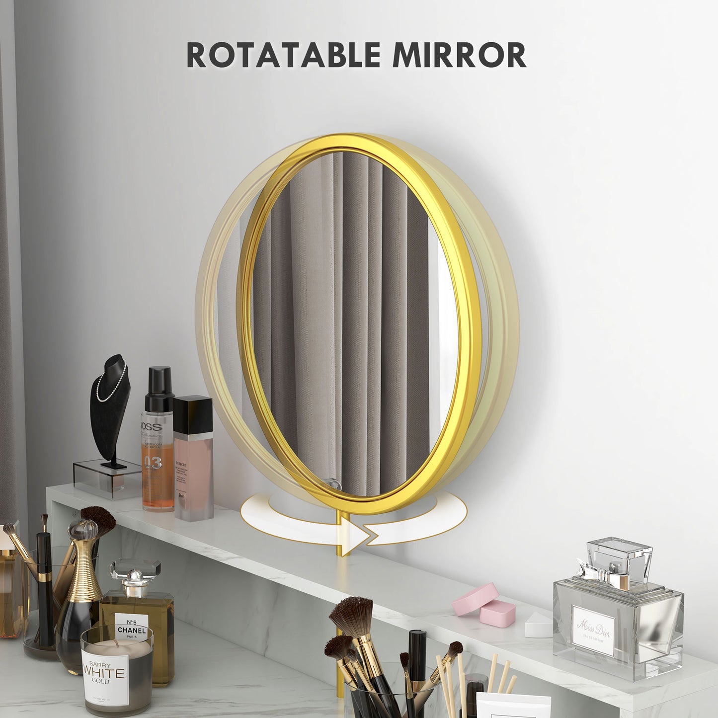Toel White Faux Marble Dressing Table With Round Mirror Steel Frame And OFauxn Storage
