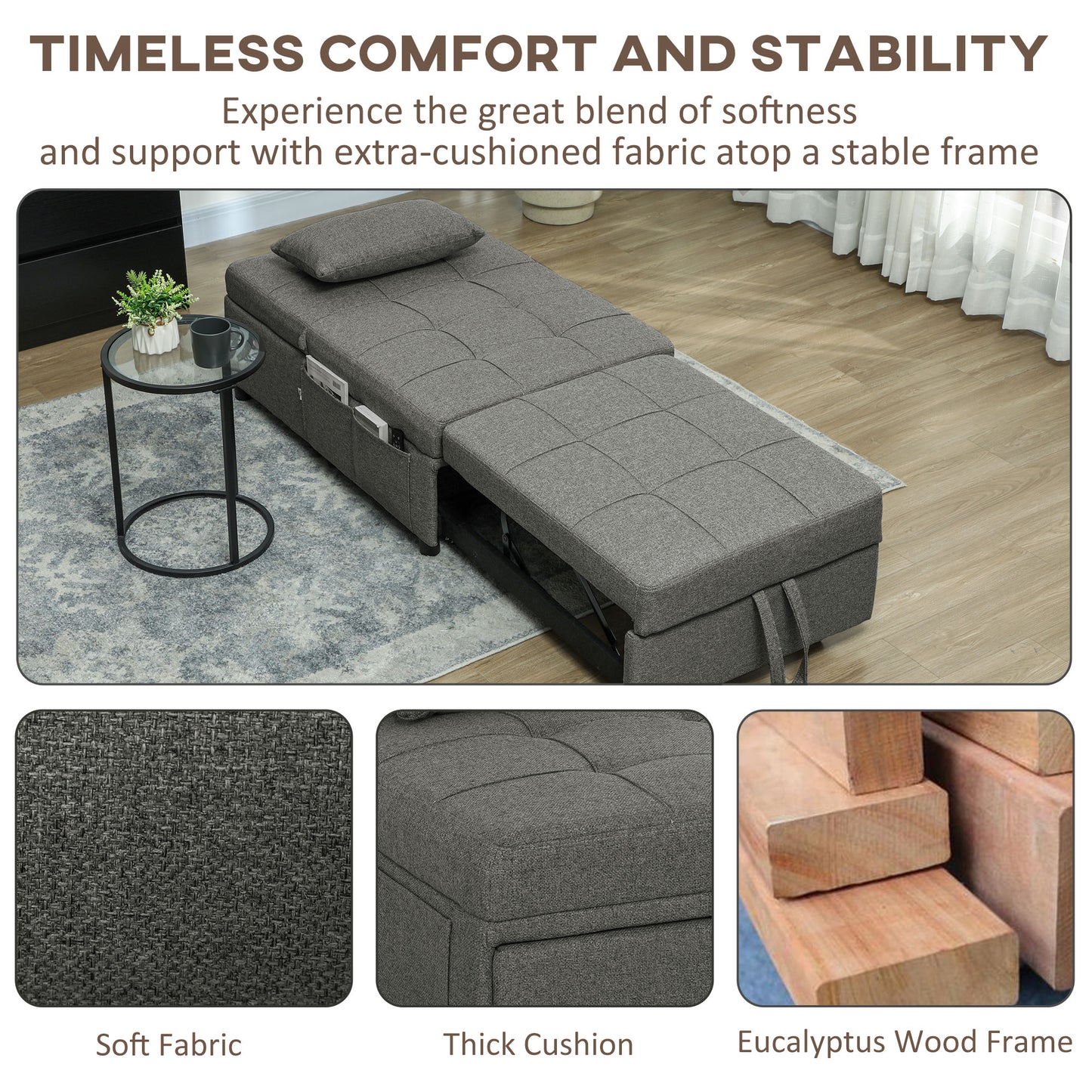 Lulusa Kela Fabric Dark Grey 4 In One Convertible Single Sleeper Chair