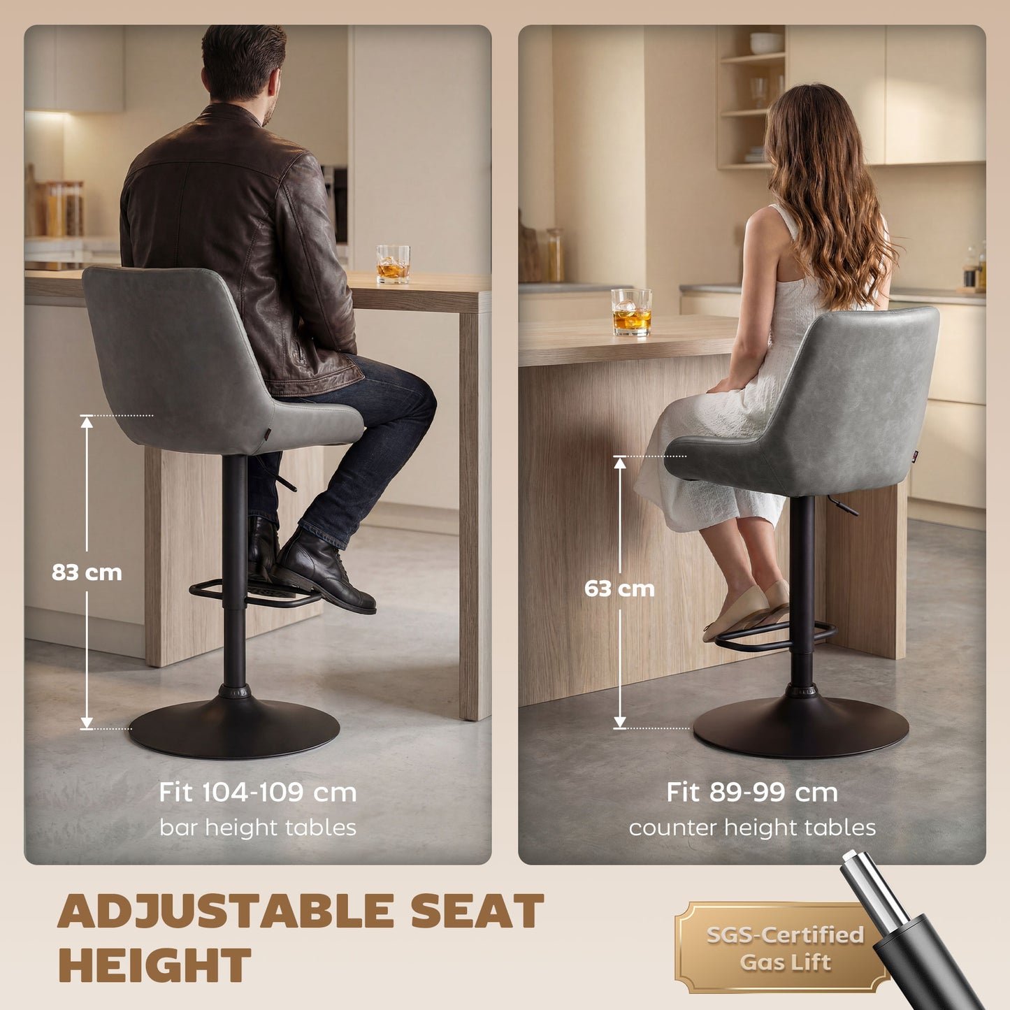 Lokasa Fabric Dark Grey Adjustable Retro Bar Stools Set Of 2 With Swivel Seats
