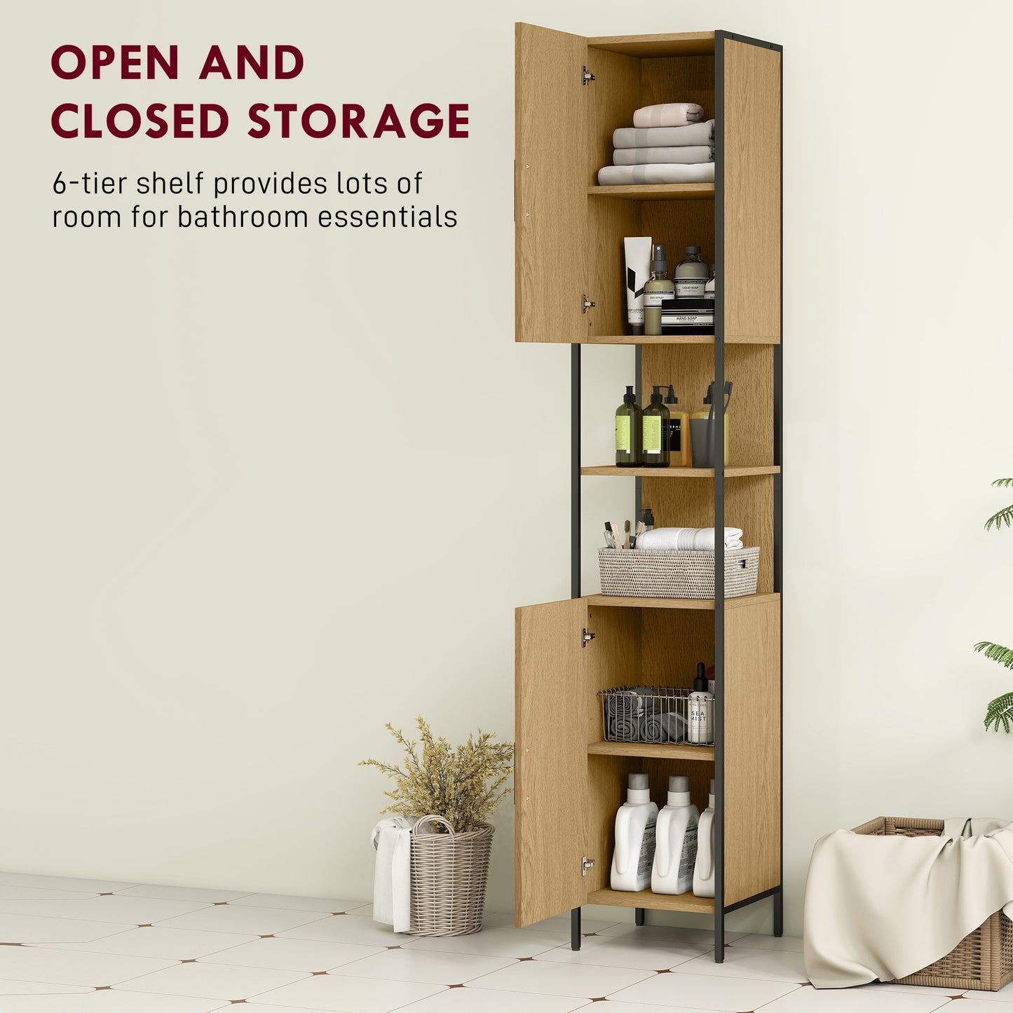 Rambette Tall Bathroom Storage Cabinet With Double Doors OFauxn Compartments And Adjustable Shelves Natural Wood Finish