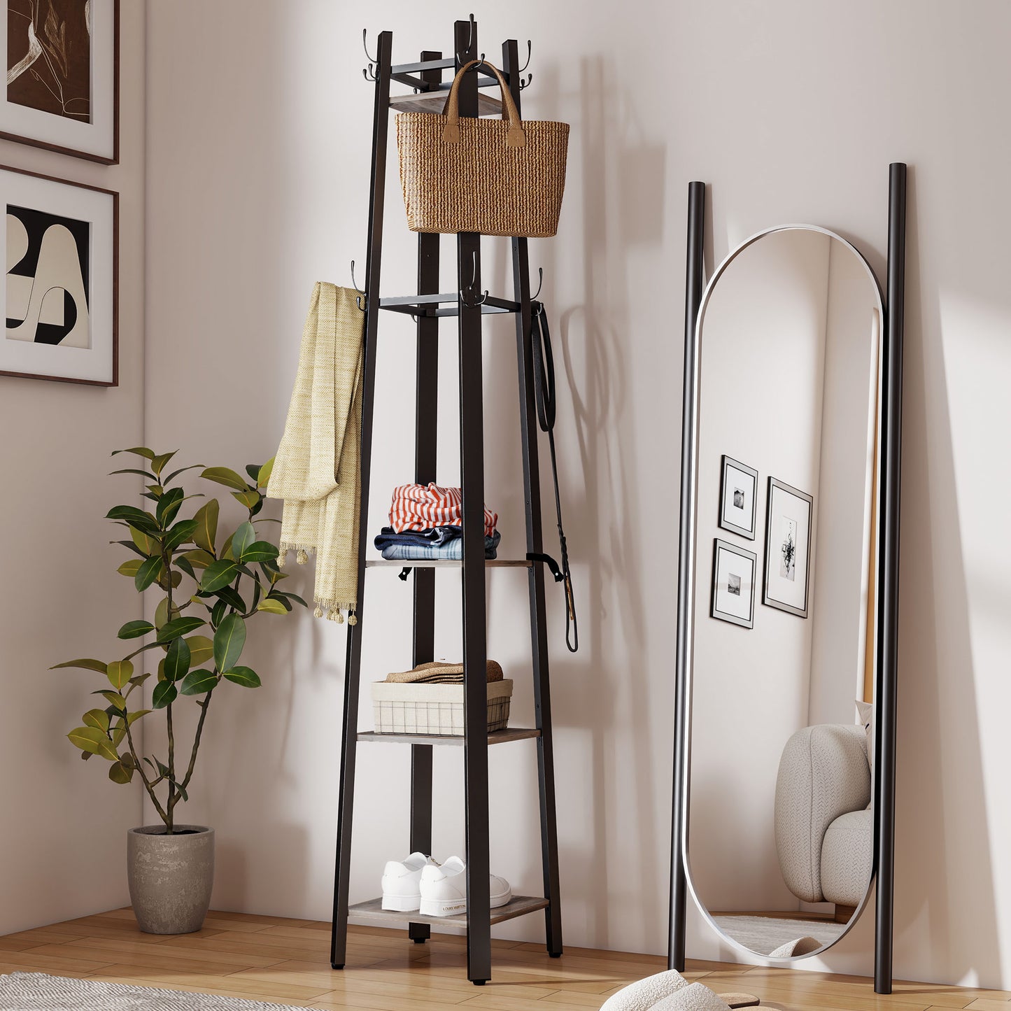 Savapa Metal And Wood Grey And Black 4 Tier Industrial Coat Stand With Shelves