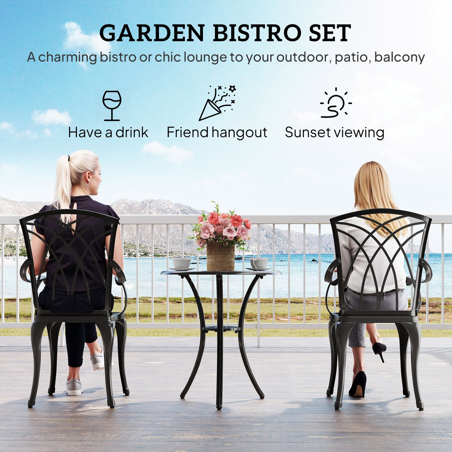 Sazzotti Brown Cast Aluminium Garden Bistro Set With 2 Armchairs And Round Table