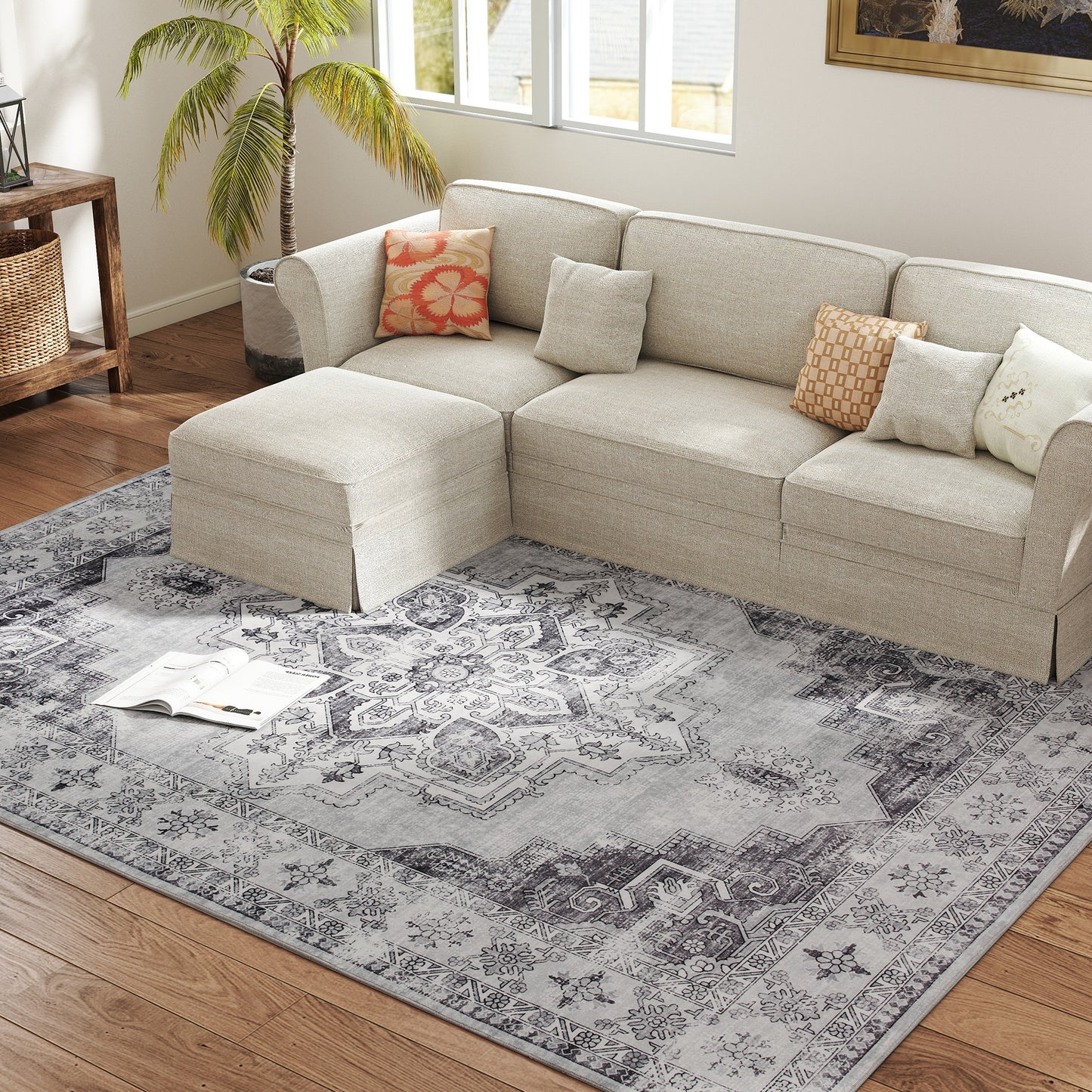 Vera 290 x 200 cm Polyester Grey Vintage Style Non Slip Washable Rug