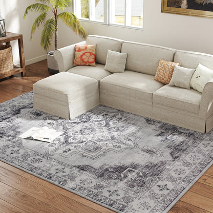 Vera 290 x 200 cm Polyester Grey Vintage Style Non Slip Washable Rug
