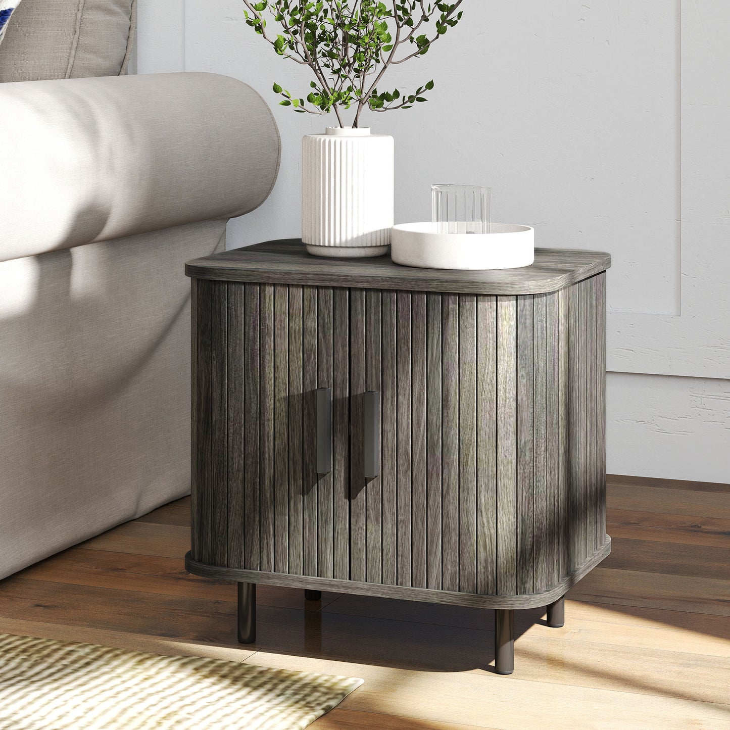 Pasaba Grey Nordic Bedside Table With Tambour Sliding Door And Metal Legs