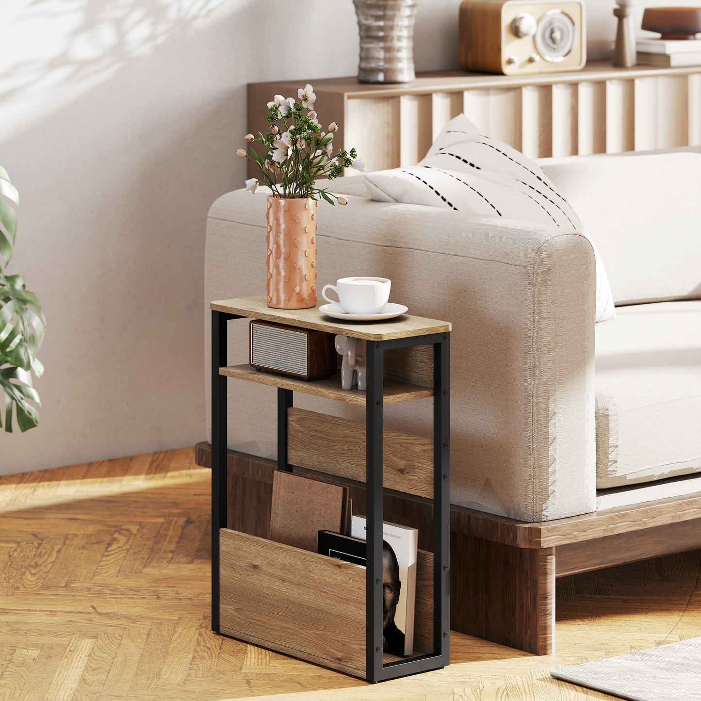 Neleke Metal And Wooden Black And Walnut Industrial Accent Magazine Side Table