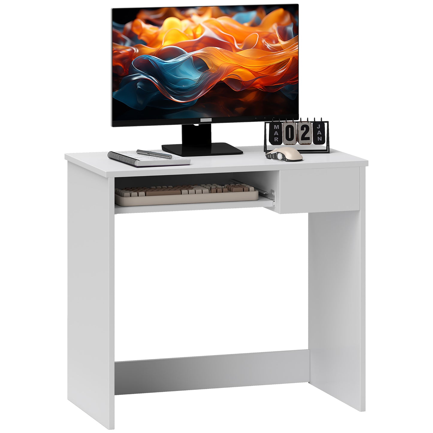 Samoka Small 80cm Wooden White Compact Desk With Keyboard Tray And Drawer