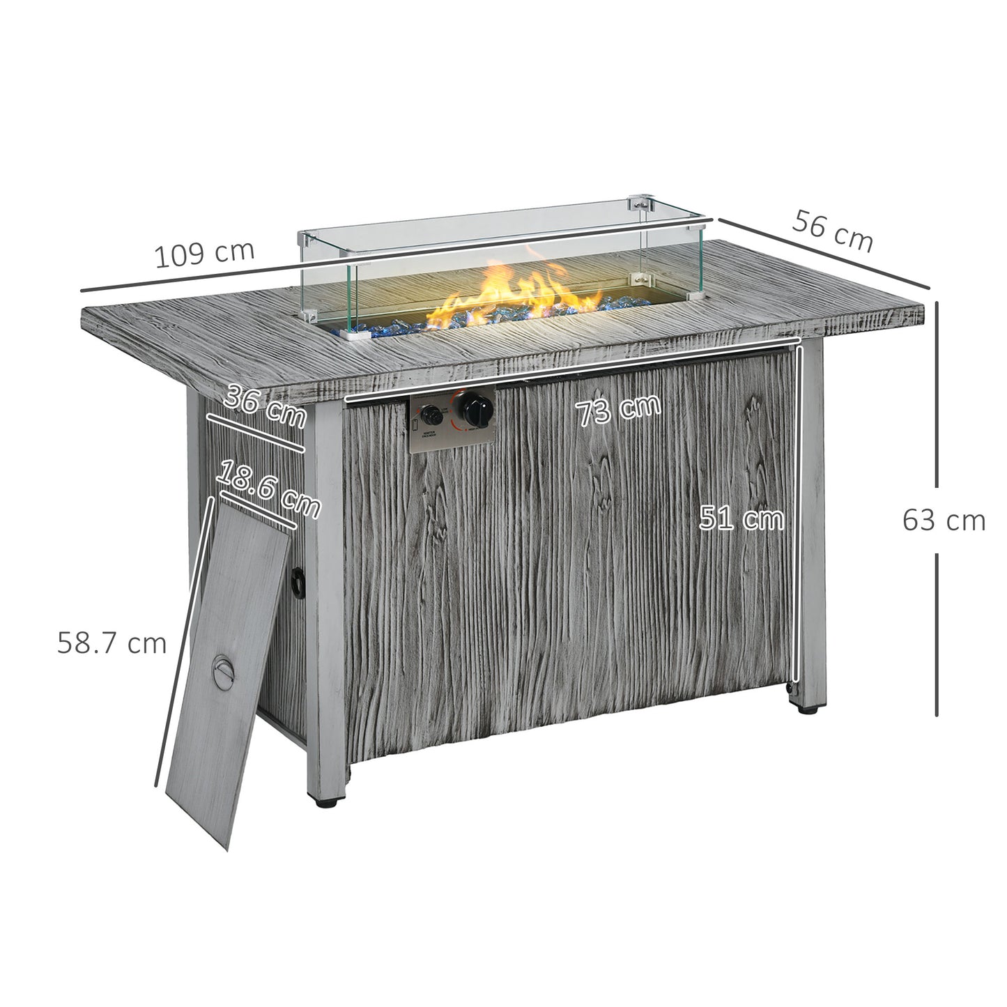 Zisefasu Steel Grey Wood Effect Gas Fire Pit Table with Cover And Glass Screen