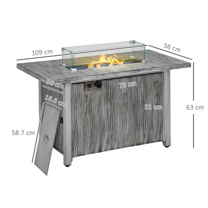 Zisefasu Steel Grey Wood Effect Gas Fire Pit Table with Cover And Glass Screen
