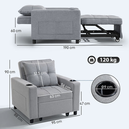 Soliri Light Grey Upholstered 3 In One Convertible Single Sofa Bed Tufted Cushion