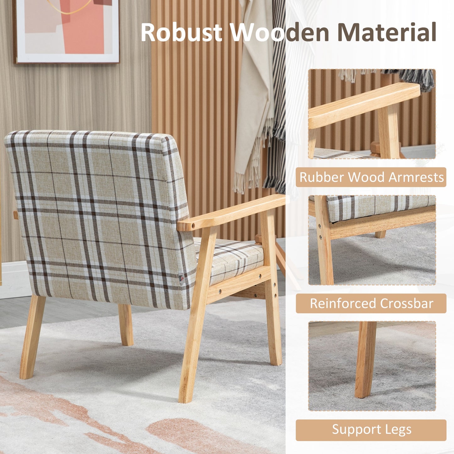 Sove Linen Beige Tartan Pattern Single Armchair With Wooden Frame
