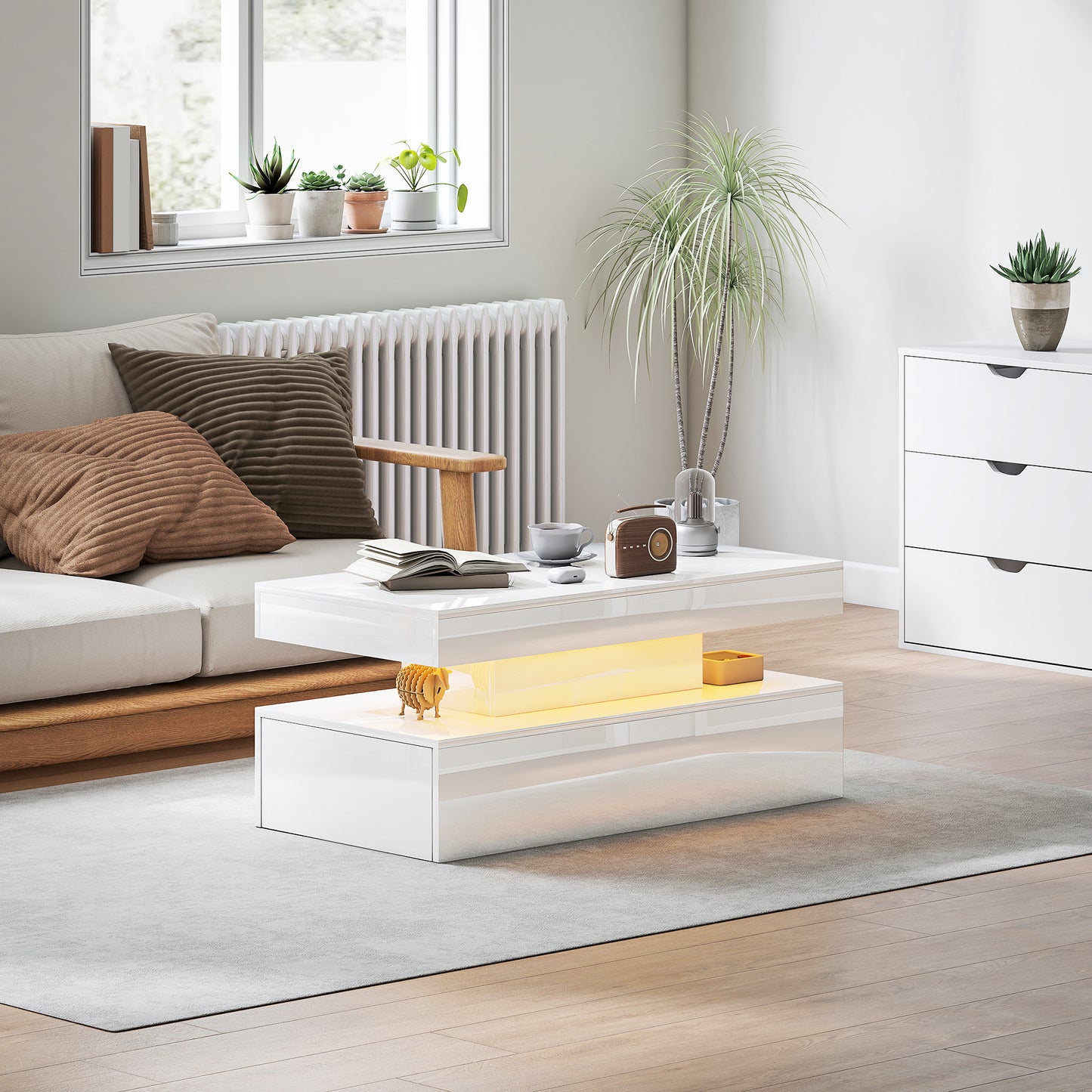 Lomoyo cm High Gloss White LED Coffee Table With Integrated Storage