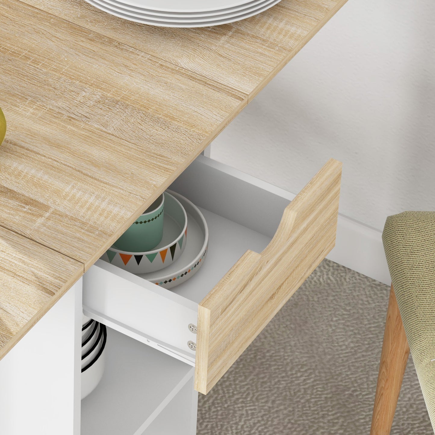 Coyova Wooden Oak Folding Drop Leaf Dining Table With Drawer And Storage Shelves