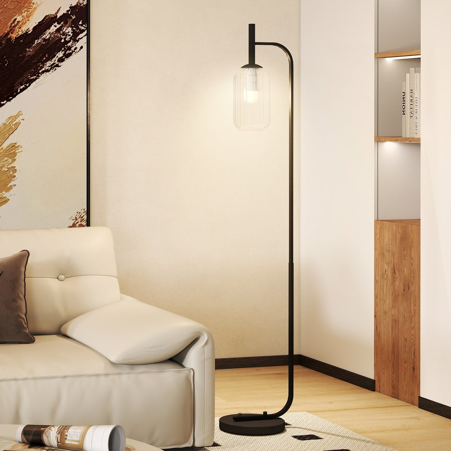 Line Metal Black Retro Floor Lamp With Ribbed Glass Shade