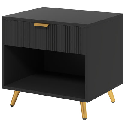 Hana Bano Black And Gold Tone Elegant Bedside Table With Ribbed Drawer And Shelf