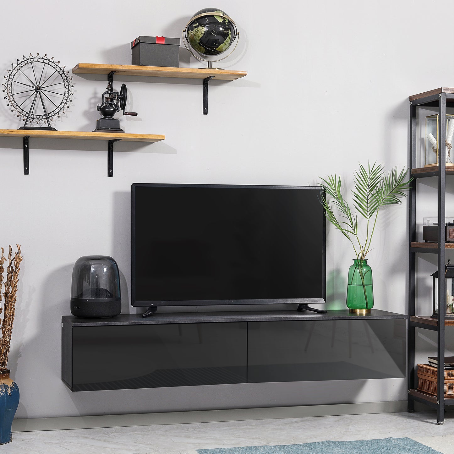 Elkaro High Gloss Grey And Black Floating TV Cabinet With Cupboards For Screens Up To 70 Inches
