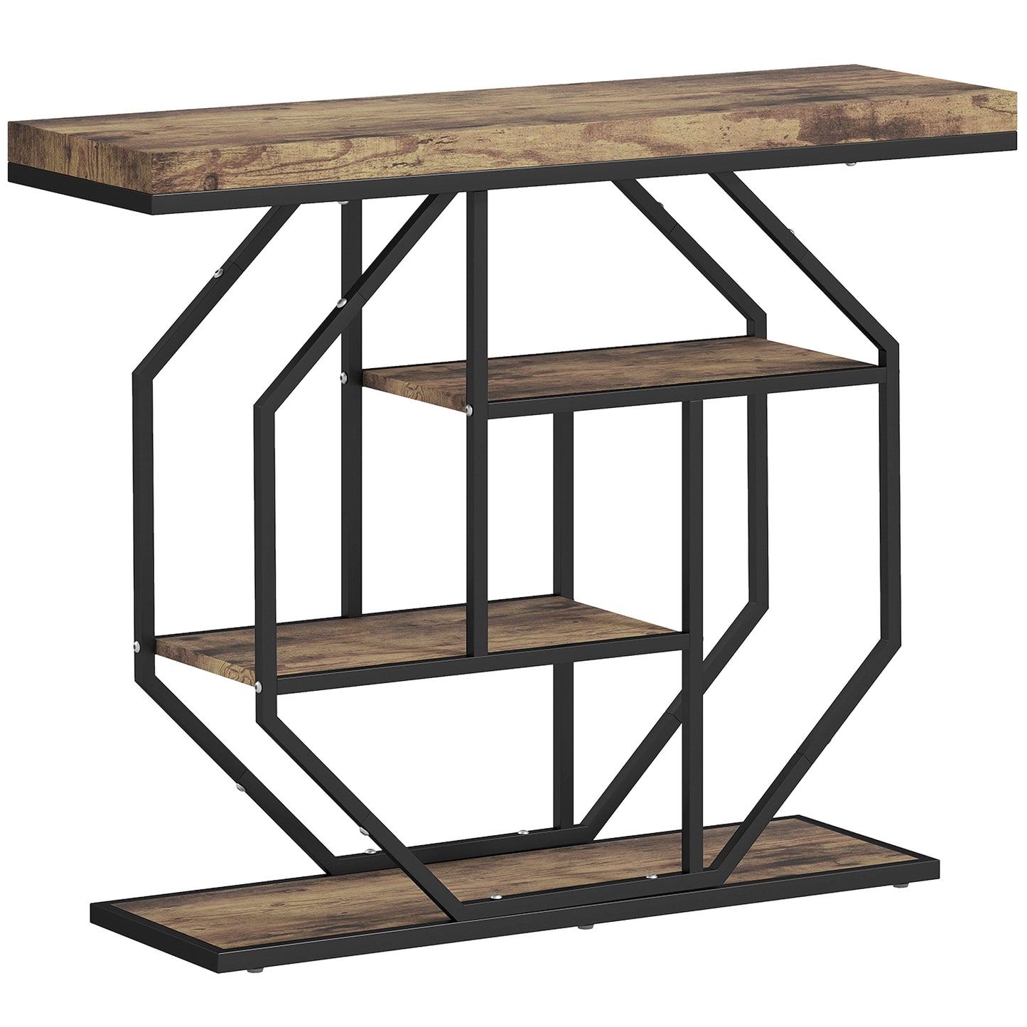 Reello Metal And Wooden Rustic Brown 4 Tier Industrial Console Table