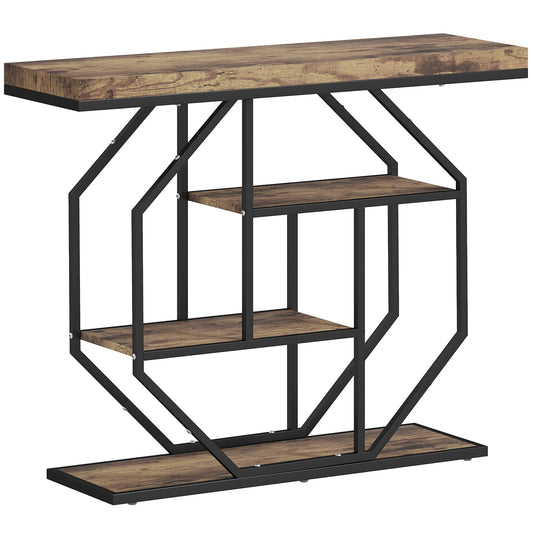 Reello Metal And Wooden Rustic Brown 4 Tier Industrial Console Table