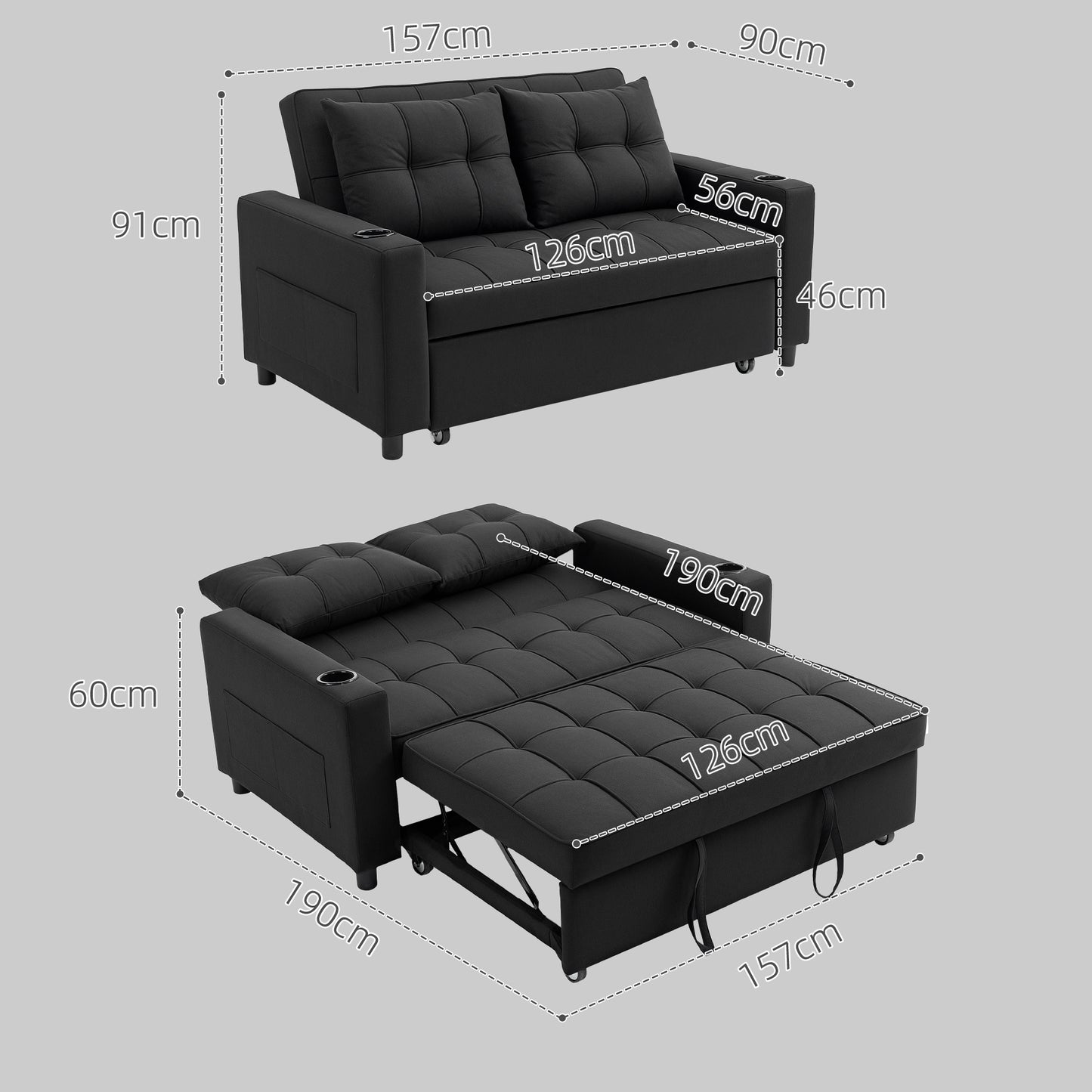 Kanovi Fabric Black 2 Seater Pull Out Sofa Bed