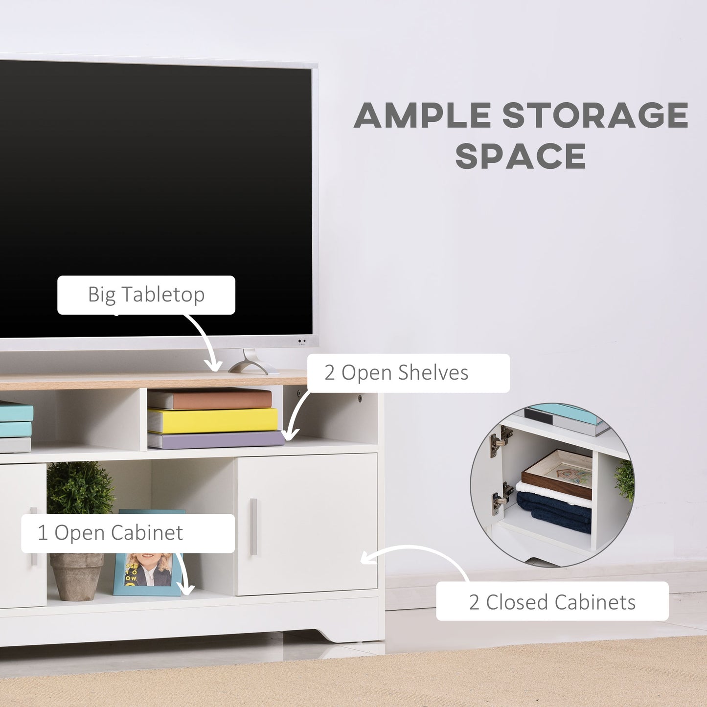 Tadori 105cm Vile Wooden White Modern TV Console 2 Doors and Open Shelves