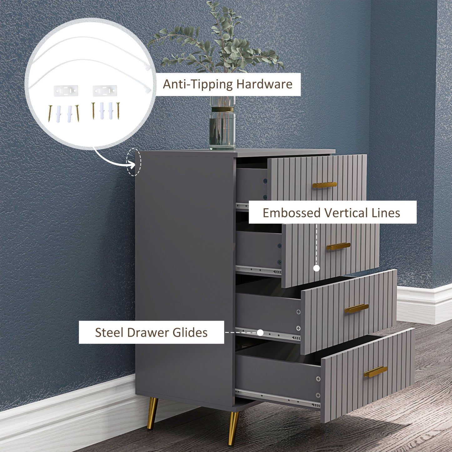 Zine Wooden Grey And Gold Tone 4 Drawer Embossed Dresser