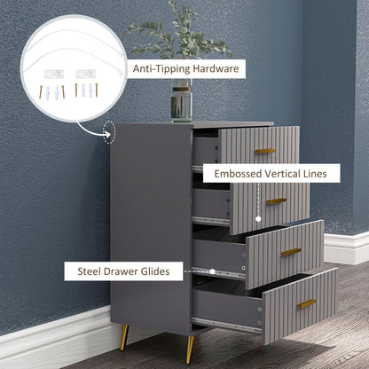 Zine Wooden Grey And Gold Tone 4 Drawer Embossed Dresser