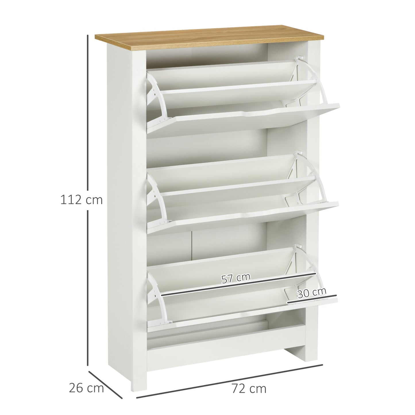 Rokeha Wooden White and Natural Narrow Shoe Cupboard With 3 Flip Drawers For 18 Pairs