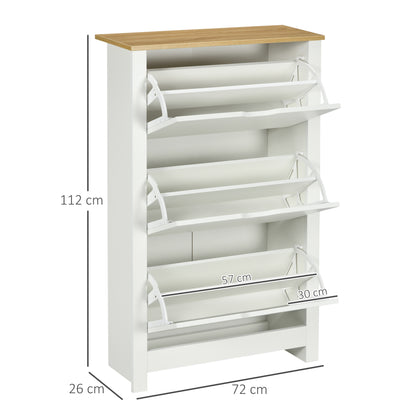 Rokeha Wooden White and Natural Narrow Shoe Cupboard With 3 Flip Drawers For 18 Pairs