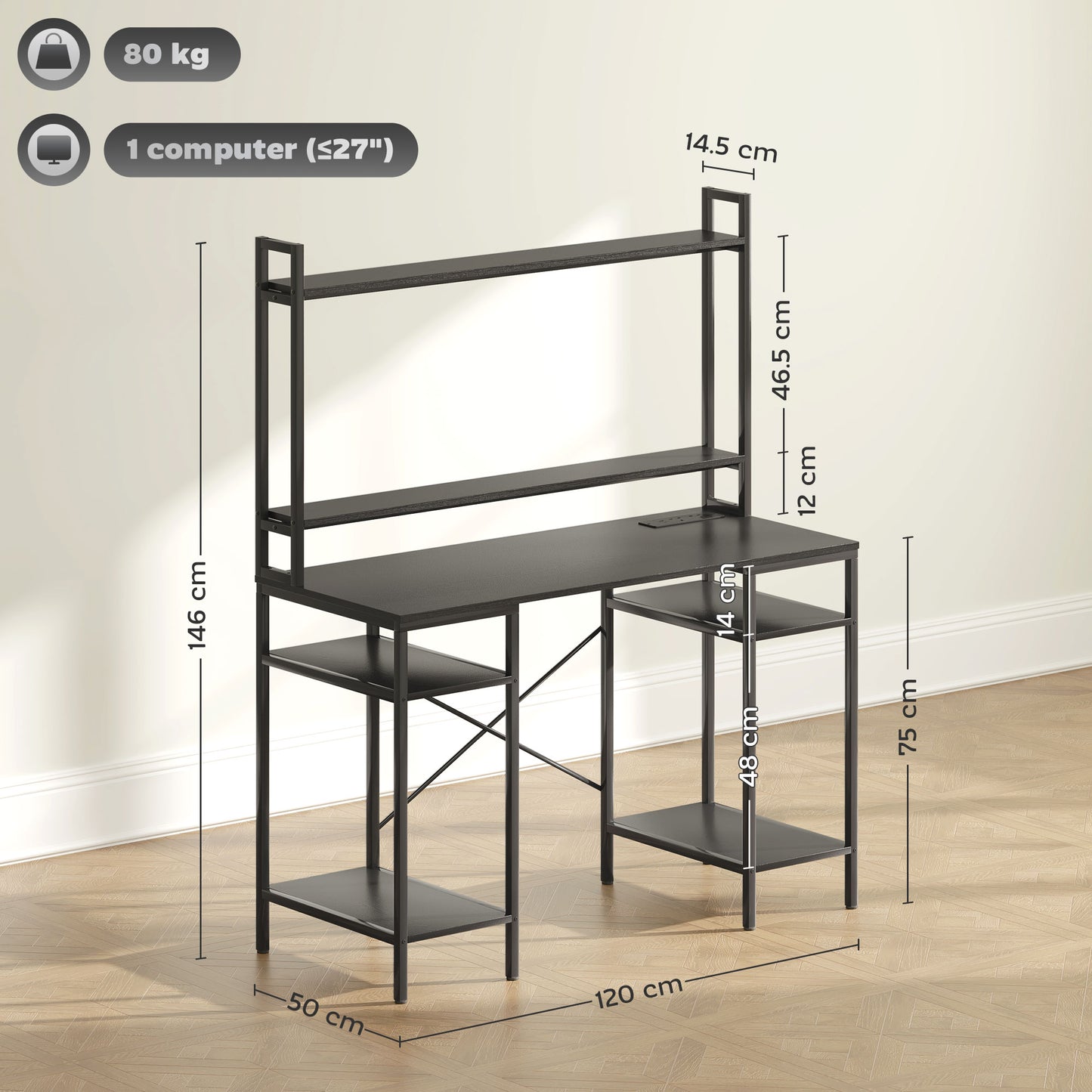 Difato 120cm Black Gaming Desk With Power Outlets LED Lighting Monitor Stand And Shelving Hutch