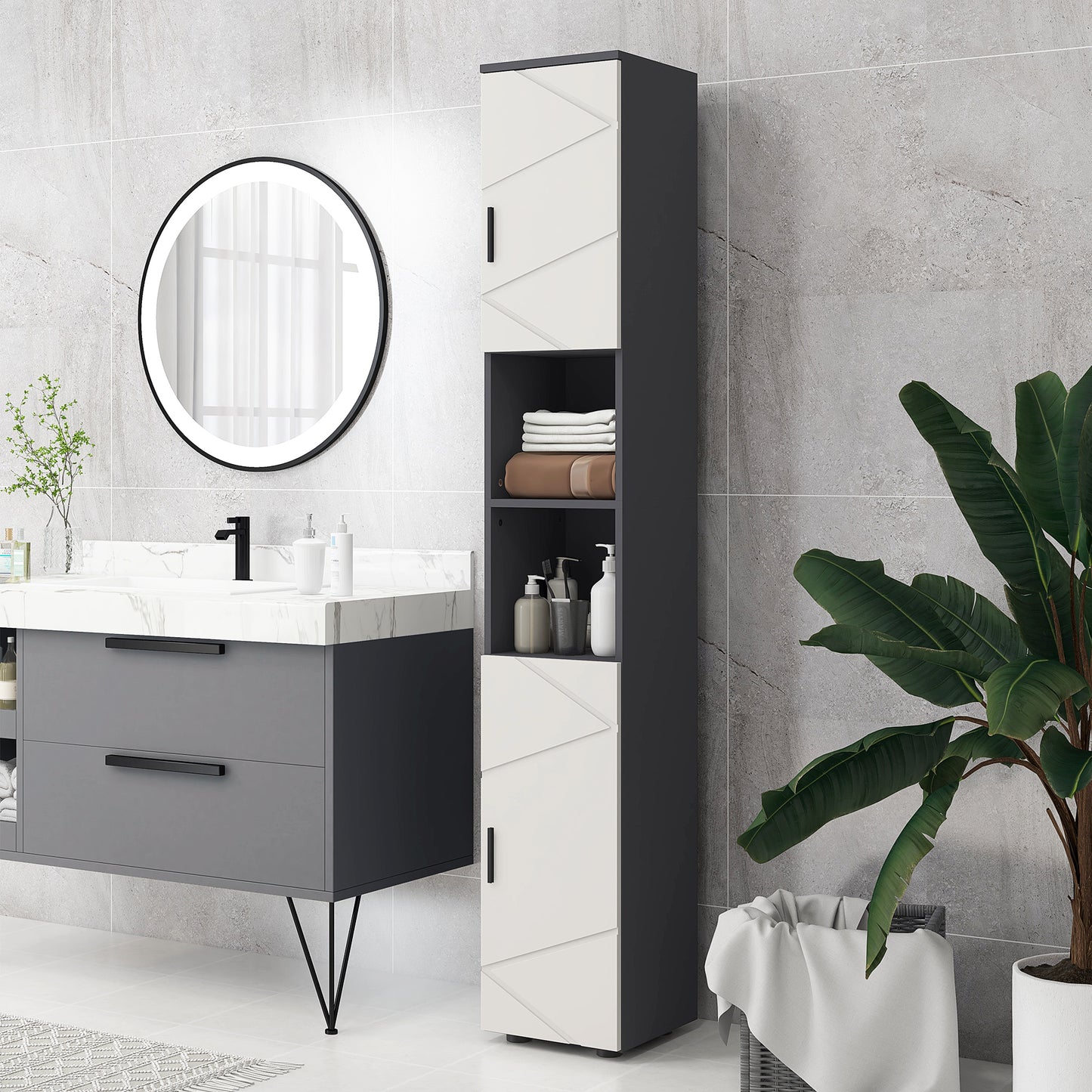 Nomalo Tall Minimalist Bathroom Storage Cabinet With Line Embossed Front And Adjustable Shelves Grey